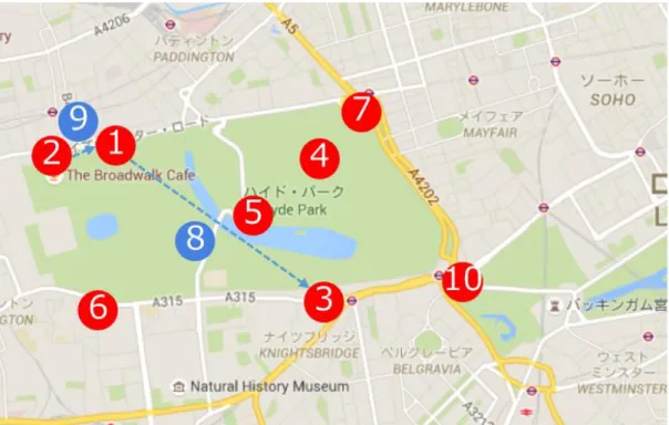 図 3-1-3  高頻度利用 docking station（数字は利用頻度順位） 