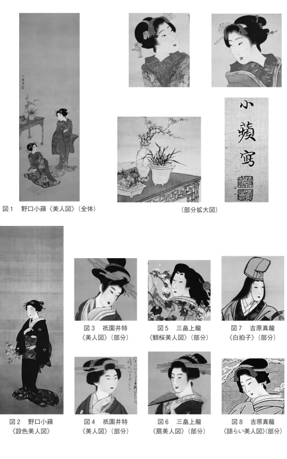 図 1  野口小蘋《美人図》（全体） （部分拡大図） 図 2  野口小蘋 《設色美人図》 図 4  祇園井特 《美人図》（部分）図3 祇園井特《美人図》（部分） 図 6  三畠上龍 《扇美人図》（部分）図5 三畠上龍 《観桜美人図》（部分） 図 8  吉原真龍《語らい美人図》 （部分）図7 吉原真龍《白拍子》（部分）