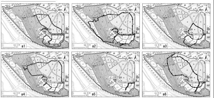 図 2  全被験者の移動ルート  （被験者に対する行動調査により作成） る。なかでも，視覚は最も認識しやすく，強く空間を 印象づけるものとなる（内海ほか 2000；溝尾 2008） 。 したがって，観光者の風景や事物，あるいは事象に対 する視線は，観光者の観光空間に対する興味や印象を 直接的， 間接的に示すものとして捉えることができる。 つまり， 若者のレクリエーション行動における視線も， 若者からみた偕楽園を示す重要な指標になる。  一方，観光者が同行者を伴う場合，移動しながら会 話が行われ，コミュニケー