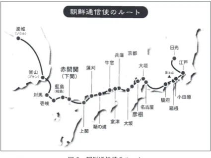 図 2　朝鮮通信使のルート 4-1　日本における朝鮮通信使への注目 ①  長崎県対馬市における朝鮮通信使の受け入れ 　さて、朝鮮通信使という歴史にいち早く着目したのは、在日韓国朝鮮人で ある辛基秀（シン・ギス）氏である。辛基秀氏は、1970 年代から日本の朝 鮮通信使の研究にとりかかり、「江戸時代の朝鮮通信使」（1979 年制作）と いうドキュメンタリー映画を製作したのである。当時、辛基秀氏のドキュメ ンタリー映画の上映運動が始められ、これによって、日本各地で朝鮮通信使 関連の資料が発見され、関心が高まるよ