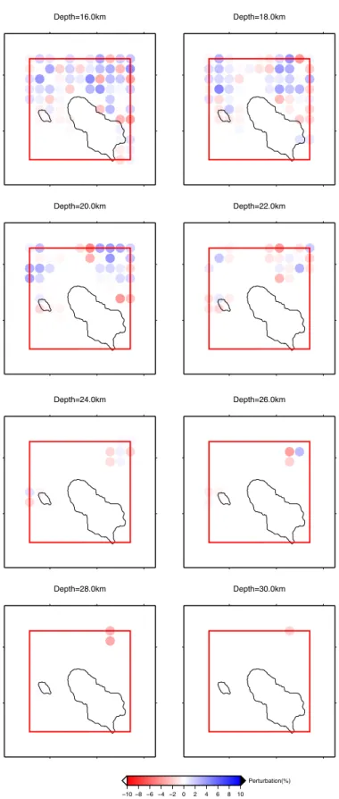 図 4.17  ローカルモデルサイズ 20×20×30km のしたときの CRT の結果 Depth=16.0kmDepth=18.0kmDepth=20.0km−10−8−6−4−20246810Perturbation(%)Depth=22.0kmDepth=24.0kmDepth=26.0kmDepth=28.0km−10−8−6−4−20246810Perturbation(%)Depth=30.0km