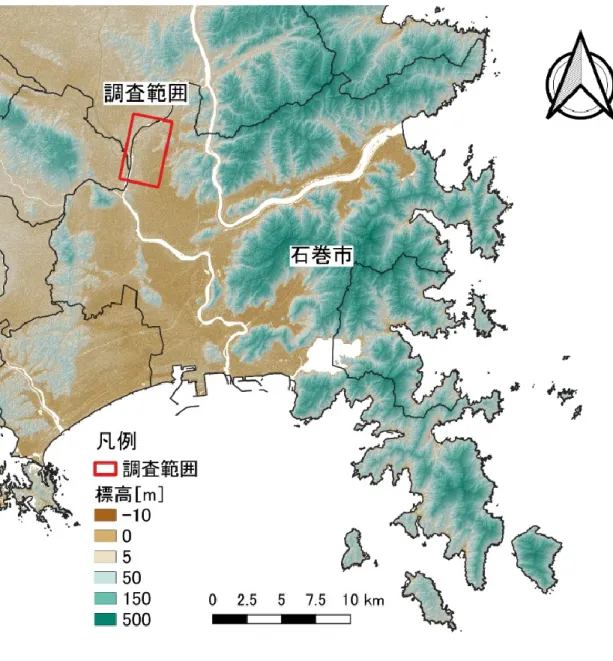 図 1    石巻市概観と調査範囲．QGIS より作成 
