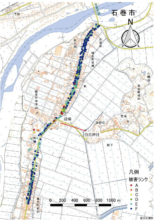 図 2.1    被害ランクおよび図 2.4 測線．小田・戸田（2011）より作成 