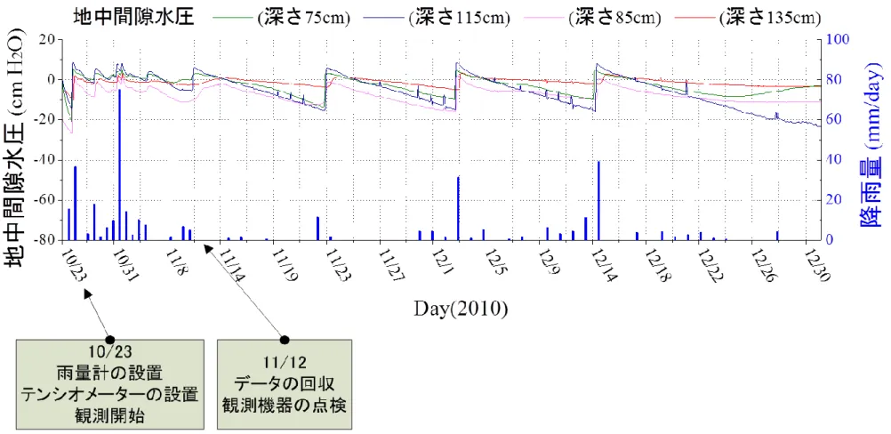 図 5.2  2010 年の地中間隙水圧及び降雨量 