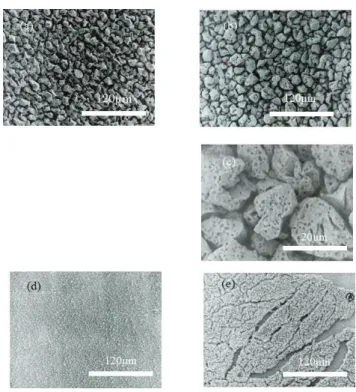 Fig. 2- 2    SEM images of electrodes before and after one cycling: (a) fresh Sn-electrode obtained  from the acid bath, (b) Sn-electrode from the acid bath after cycling, (c) the enlarged emage of (b),  (d) fresh Sn-electrode from the alkaline bath, (e) S