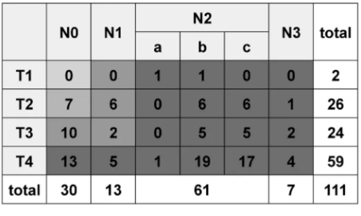 Table 3.  Stage of head and neck cancers. T and N stages of  111 head and neck cancer patients, except 3 thyroid  cancers, who had undergone TPLE are shownTable 2