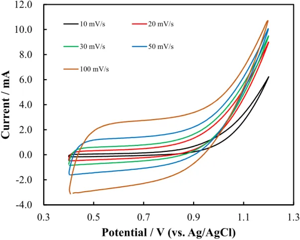 Figure  2.3.  Cyclic  voltammetry  observed  by  using  carbon  felt  electrode  in  0.1  M  ammonium carbamate (pH 9.3) aqueous solution at different scan rates