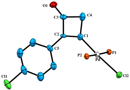 Figure 3-C  に錯体 4a  の一部拡大図を示す。この錯体の Pd 周りは典型的な平面 4 配位構造 であり 2 つの PPh 3 は互いに trans-位を占めている。シクロブテニル環は Pd 周りの配 位平面に対し垂直に配向している。また、シクロブテニル配位子において、C1-C4 間 の結合距離は 1.562Å、 C4-C3 間の結合距離は 1.556Åであることから単結合であると 判断した。また、 C1-C2 間の結合距離が 1.366Åであることから、 2 重結合であると判 断した。C4 