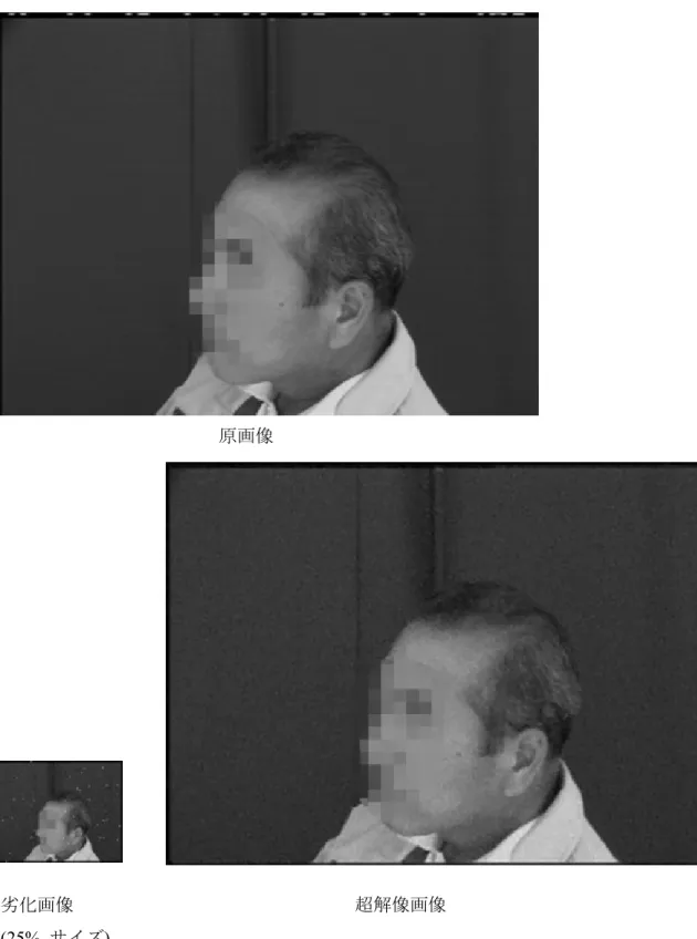 図 3.1   劣化画像と超解像処理で解像度をあげた画像の例原画像 
