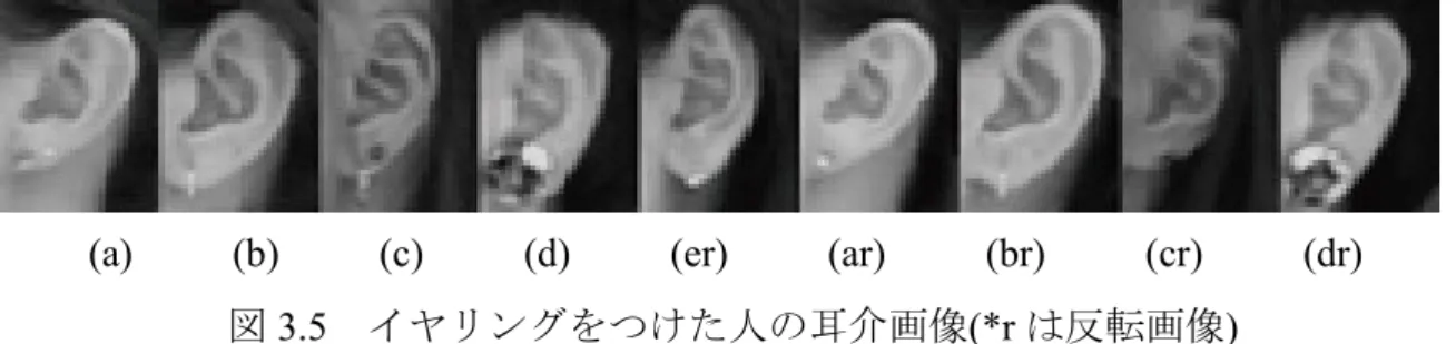 図 3.5  イヤリングをつけた人の耳介画像(*r は反転画像)    影響の評価のために，まず類似度を求め，そこから rank を求める．そしてイヤ リングをつけた人を含むグループとイヤリングをつけた人を含まないグループに 分け，それぞれの rank[14] の平均を求め検定を行って評価する． 3.4.2  イヤリングの影響の実験結果   まず表 3.1 に，イヤリングを含む集団における rank を示す．見出し行に入力画像 の撮影角度を示し，見出し列には耳介画像名を示している．最後の 2 行は rank