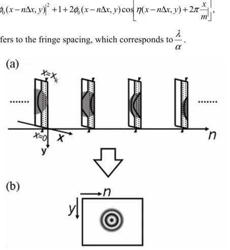 Fig.  2.3  (a)  A  series  of  holograms  in  which  only  one  line  intensities  at  x=0  are  captured;  (b)  the  interferogram  (cosine  image  of  phase  distribution)  reconstructed  from the line intensities in the holograms