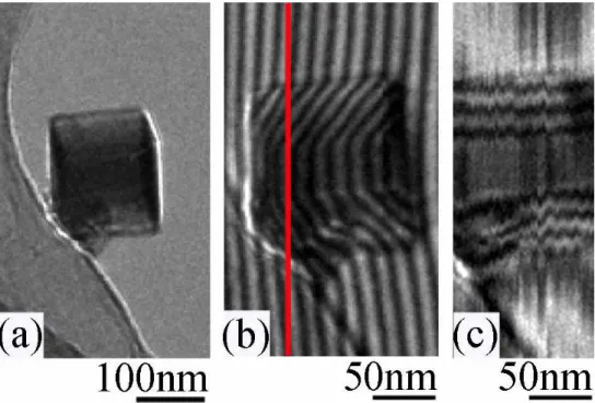 Fig. 2.5 (a) TEM image of the MgO crystal with tilted [110] incidence; (b) a hologram  extracted from the 3D data cube of holograms, an interferogram is obtained by slicing  the  3D  data  cube  along  the  red  line;  (c)  the  phase  image  obtained  fro