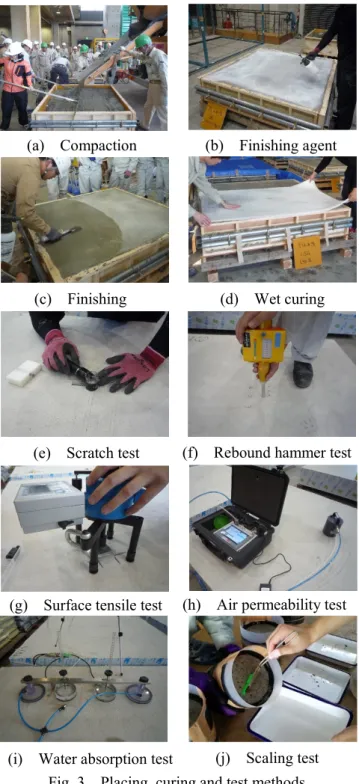 Fig. 3    Placing, curing and test methods  (j)    Scaling test (i)    Water absorption test 