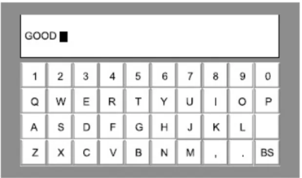 図 2.8: 限定的な視線方向検出による文字入力システムの画面例 [11] 見つめている指標が選択されるため，入力したいキーを押すだけでよいキーボー ドと同様の感覚で使用することができる．しかし注視点の位置を判定するため高 精度な視線計測が必要であり，それだけ複雑な処理をともなう場合が多い．また 指標を選択するには注視状態を判定しなくてはならず，それには眼球運動を高頻 度に取得してその速度を高精度に計測する必要がある．この方式をもとに構築さ れた視線入力システム [2] の入力画面とその概略図を図 2.9 