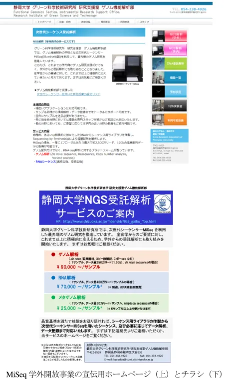 図 2  MiSeq 学外開放事業の宣伝用ホームページ（上）とチラシ（下） 