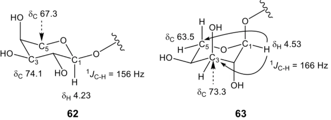 Figure 26. The  1 J C-H  values and HMBC correlations of the arabinosyl moieties of 62 and 63 