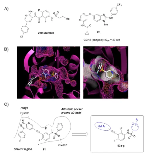 Figure  26.  Docking  study  of  compound  91  with  GCN2  homology  model.  (A)  Chemical  structure  of  Vemrafenib  and  compound  92