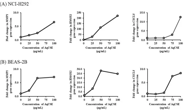 Fig. 2-2 Fold change in expression of MMP1, HMOX1, and CXCL8 in (A) NCI-H292 and (B) BEAS- BEAS-2B cells exposed to aqueous cigarette smoke extract (AqCSE) for 6 h