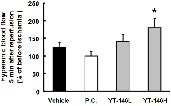 Fig.  6.    Effects  of  YT-146  and  ischemic  preconditioning  on  hyperemic  coronary  flow  at  5  min after the onset of reperfusion in dogs