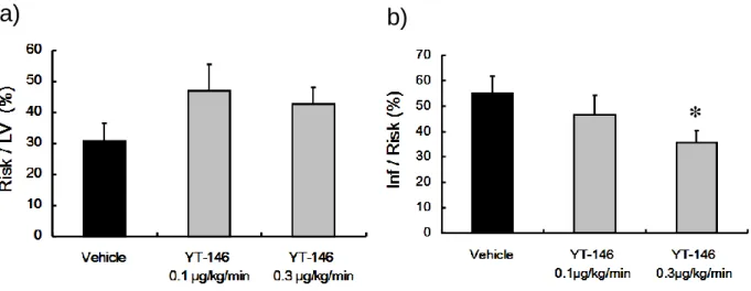 Fig. 12.    Effects of YT-146 on ischemia/reperfusion -induced myocardial infarct size in dogs  (a, Risk/LV; b, Inf/Risk)