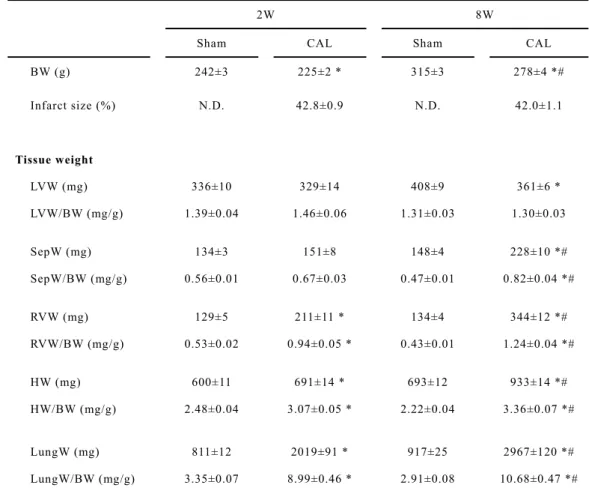 Table 1  Changes in the tissue parameters  of the sham-operated (Sham) rats and coronary   artery-ligated (CAL) rats at the 2nd (2W) and 8th (8W) weeks after surgery.
