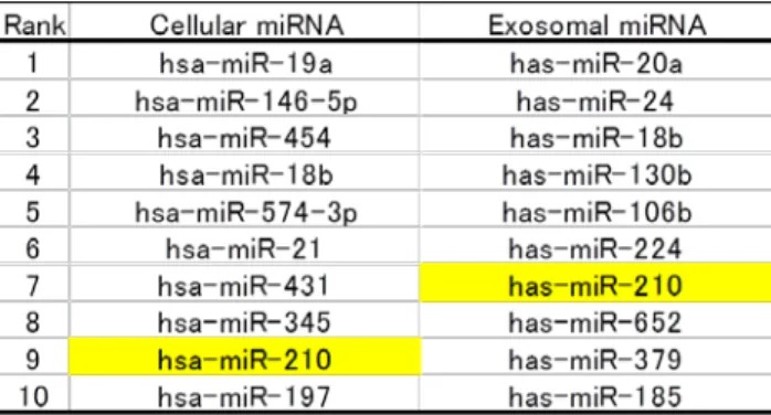 Table 1. Top 10 cellular and exosomal miRNAs elevated  under hypoxic conditions in K562 c ells  