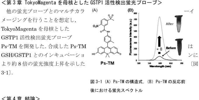 図 3-1（A）Ps-TM の構造式， （B）Ps-TM の反応前 後における蛍光スペクトル 