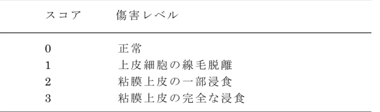 Table 1.  鼻 粘 膜 上 皮 の 傷 害 ス コ ア ス コ ア    傷 害 レ ベ ル 0  正 常 1  上 皮 細 胞 の 線 毛 脱 離 2  粘 膜 上 皮 の 一 部 浸 食 3  粘 膜 上 皮 の 完 全 な 浸 食 36 