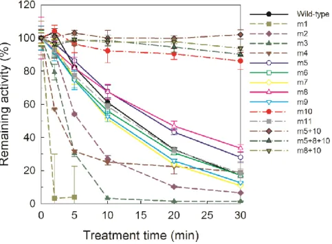 Figure 2-4. Time course of thermal inactivation of wild-type LiP and ancestral mutants 