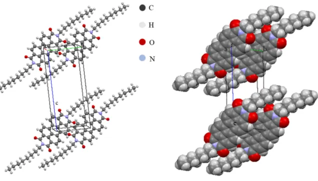 Figure  1.13  Molecular  packing  structure  of  N,N'-dioctyl-3,4,9,10-perylenedicarboximide  (PTCDI-C8), (a) ball and stick structure, (b) space filling structure