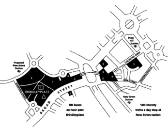 図 1  建設計画地域の付近略図 (資 料)Alan Chatharn(Brindleplace Plc)の 提供資料による。 つ 。そ の南側 と西側 は さきの図 1か らうかが え るよ うに道 路 に面す る。北側 と東側 には、バー ミンガム運河 が流れて いる。運河 は、中央部 をやや北 の方向 にのばった辺 りにも東西 に流れて い る。工事 は、 93年 に着 手 されて いる。 この工事 は、 HO万 平方 フィー トのオ フィス をは じめ 33 万平方 フィー トの店舗 、 レス トラ