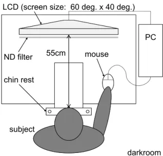 Figure 3.1: Depiction of the experimental set-up for the adaptation pattern experiment and the adaptation background luminance experiment