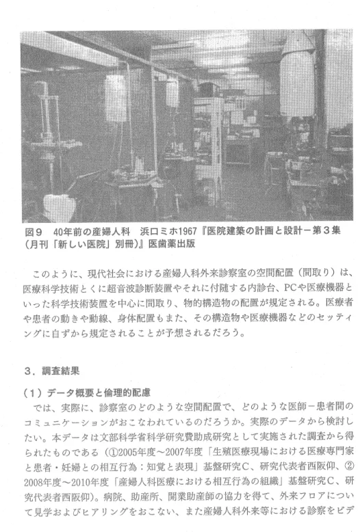 図 9 40年 前の産婦人科   浜ロ ミホ 1967『 医院建築の計画 と設計 ―第 3集 (月 干 U「 新 しい医院」男 U冊 )』 医歯薬出版 このように、現代社会 における産婦人科外来診察室の空間配置 (間 取 り )は 、 医療科学技術 とくに超音波診断装置や それに付随する内診台、 PCや 医療機器 と いった科学技術装置 を中心 に間取 り、物的構造物 の配置が規定 され る。医療者 や患者 の動 きや動線、身体配置 もまた、 その構造物や医療機器 などのセ ッテイ ングに自ずか ら規定 さ