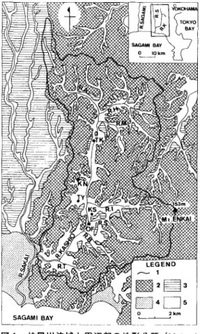 図 1 柏尾川流域と周辺部の地形分類 (Matsuda 1 9 8 7 )  凡例: 1 流域界 2 丘陵地 3 台地 4 砂 州 5 沖積低地; 河川: R.A: 阿久和 ) 1 1 ， R. B  :小袋谷川， R.H  :平戸永谷川， R. 1 鎚川， R.M: 舞岡川， R.S 砂押川， R. T  :塚) 1 1;  地名 :KN: 金井， K  S 笠間， OF  :大船， TK  :戸塚， T Y 田谷。 平戸永谷川，馳川，小袋谷川，塚川などがある。 流域の大部分は横浜市に属すが，下流部は鎌倉