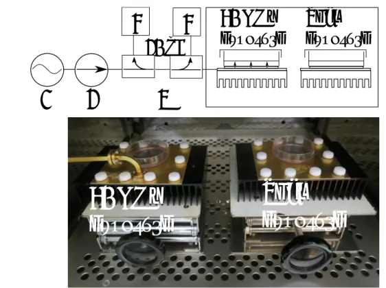 図 7.4. ばく露システムのブロック図． 1) 波源 (VDI-TX-S143, Virginia Diodes, inc., VA), 2) アイソレータ (QJI-60021V, Quinstar Technology Inc.), 3) 方向性結合器 (QJG-V20300,  Quin-star Technology Inc.), 4) パワーセンサ (V8486A, Agilent Technologies, CA), 5) パワーメータ (E4419B, Agilent Technologie