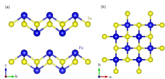 図  1.20  (a) FeSe の結晶構造．(b)ab 面を c 軸方向から描写した図． 