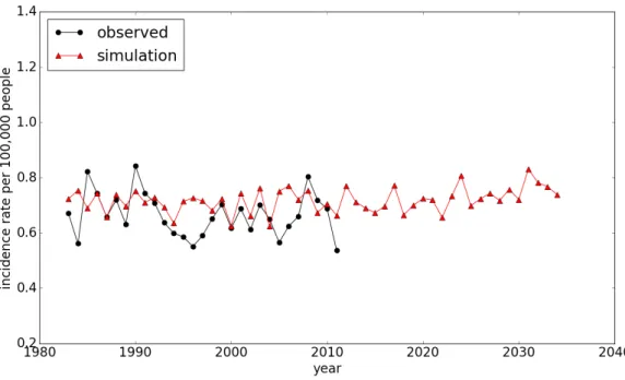 図 4.5: グリオーマの発症率の年次推移（ D = D ∗ のとき λ 1 が 2 倍）