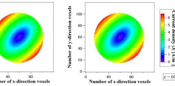 図 4.8 SOR 法によって得られた誘導電界密度 図 4.9 CG 法によって得られた誘導電界密度 図 4.8 ， 4.9 はそれぞれ SOR 法， CG 法の計算によって得られた電流密度分布である． これらの図より，分布のおおよその一致を確認した． さらに，詳細な比較を行うため，相関図及び相対差散布図を図 4.10 ， 4.11 に示す．相対 差の算出には式 (4.8) を用いた． 相対差 [ ％ ] = | J | CG − | J | SOR | J | SOR × 100 (4.8) この時， |