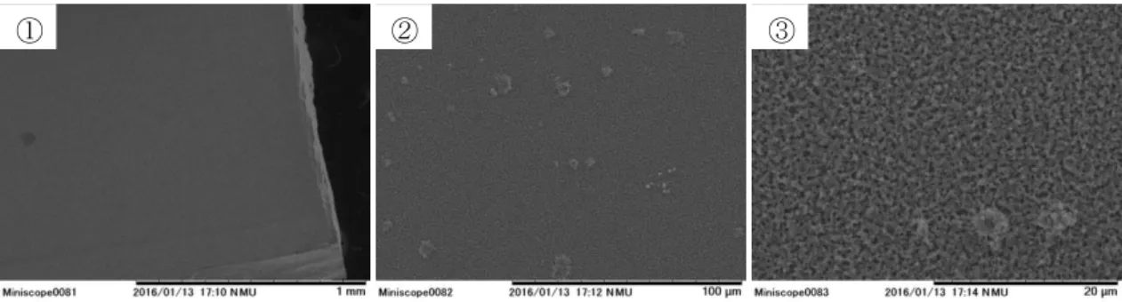 Fig. 5.2.6 Ti 3mol%添加 Gd123 薄膜の SEM 画像(①100 倍,②1000 倍,③4000 倍) 