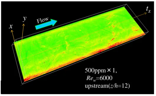 Fig. 3-24 3D image analysis, 500ppm×1 and Re w =6000 and x-t z  plane and  y= -1mm.  500ppm×1, Rew=6000 upstream(z/h=12)xy t z500ppm×1,Rew=6000downstream(z/h=58)xytz