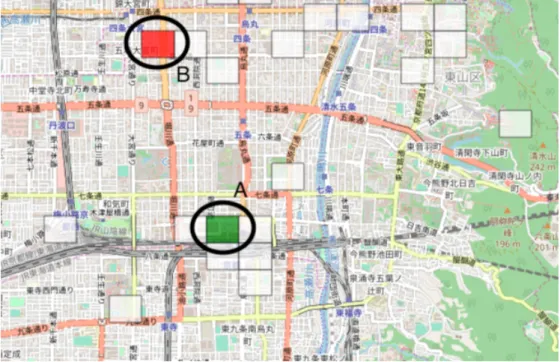 図 5.2 京都駅周辺の迷子ツイート投稿数により色分けを行なった可視化結果