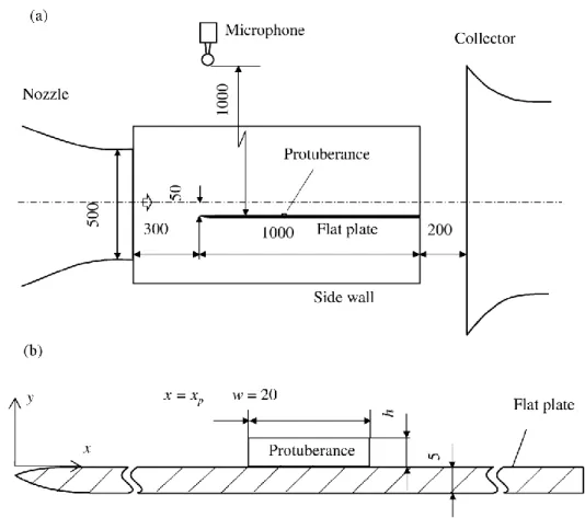 Fig. 3.1. Schematic of (a) the test section and (b) enlarged drawing of the protuberance (dimensions in  mm)