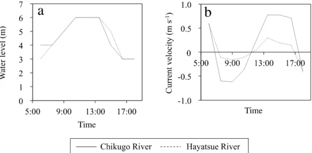 Figure 2. Variations in the (a) water level and (b) current velocity during the sampling period