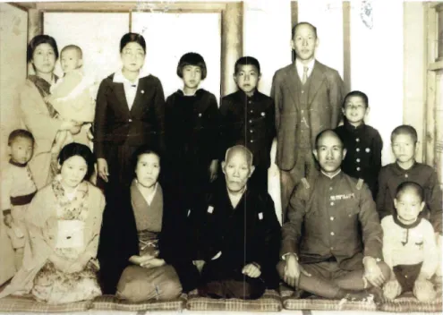 Figure 1.  Together with my father who returned briefly from Manchuria in 1939. Front row  from  left:  my  mother Yukie,  grandmother Tsuki,  grandfather  Kosaburo,  father  Chikara,  younger brother Sadamu, and myself behind Sadamu, together with my uncl