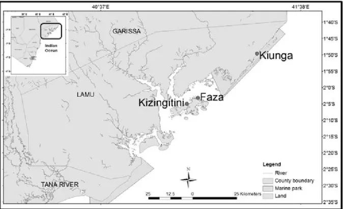 Figure 1-3.  A map of the north coast Kenya, with dark filled circles showing the sampling sites in  Lamu 