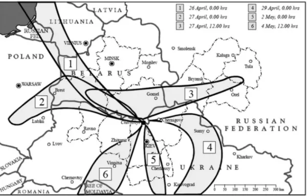Figure 1.1. Calculated plume formation according to meteorological conditions for radioactive  releases on corresponding dates just after the Chernobyl accident [7].