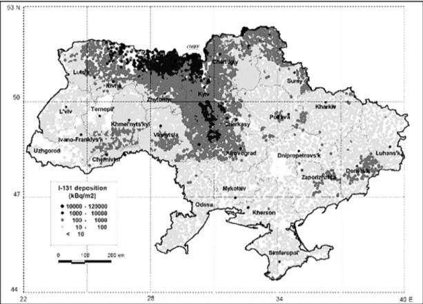 Figure 1.3. Cumulative  131 I surface ground deposition in Ukraine (kBq/ m 2 ) due to the Chernobyl  accident [12]