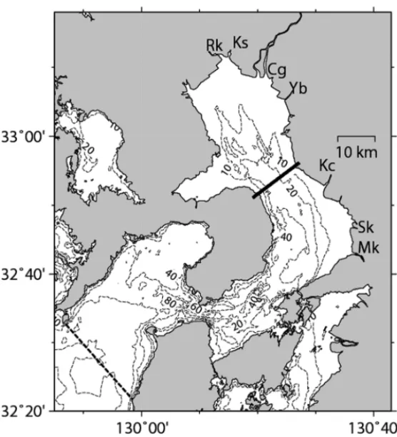 Fig. 1.  Map of the Ariake Sea. Dashed contours are isobaths in meters. Thick solid and dashed lines indicate the locations of section A and the open boundary of the numerical model, respectively
