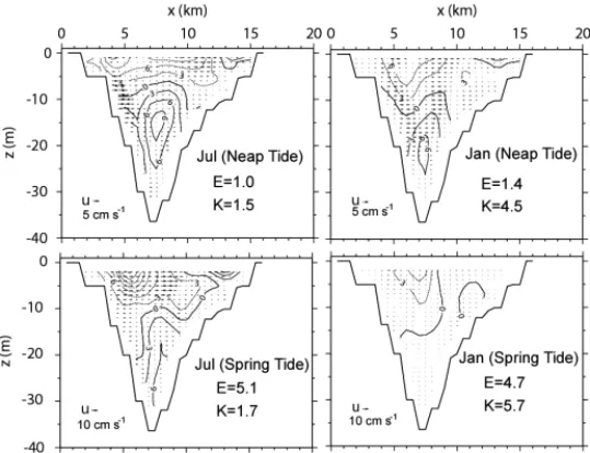Fig. 4.  Cross-sections of the density-driven current at section A. Solid and dashed contours indicate landward and seaward currents in cm s –1 , respectively