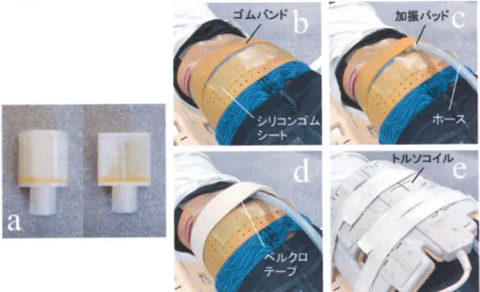 Fig. 5 -2 加振パ ッ ドと 固定方法． a:3D プ リ ン タで作成した加振パ ッ ド．